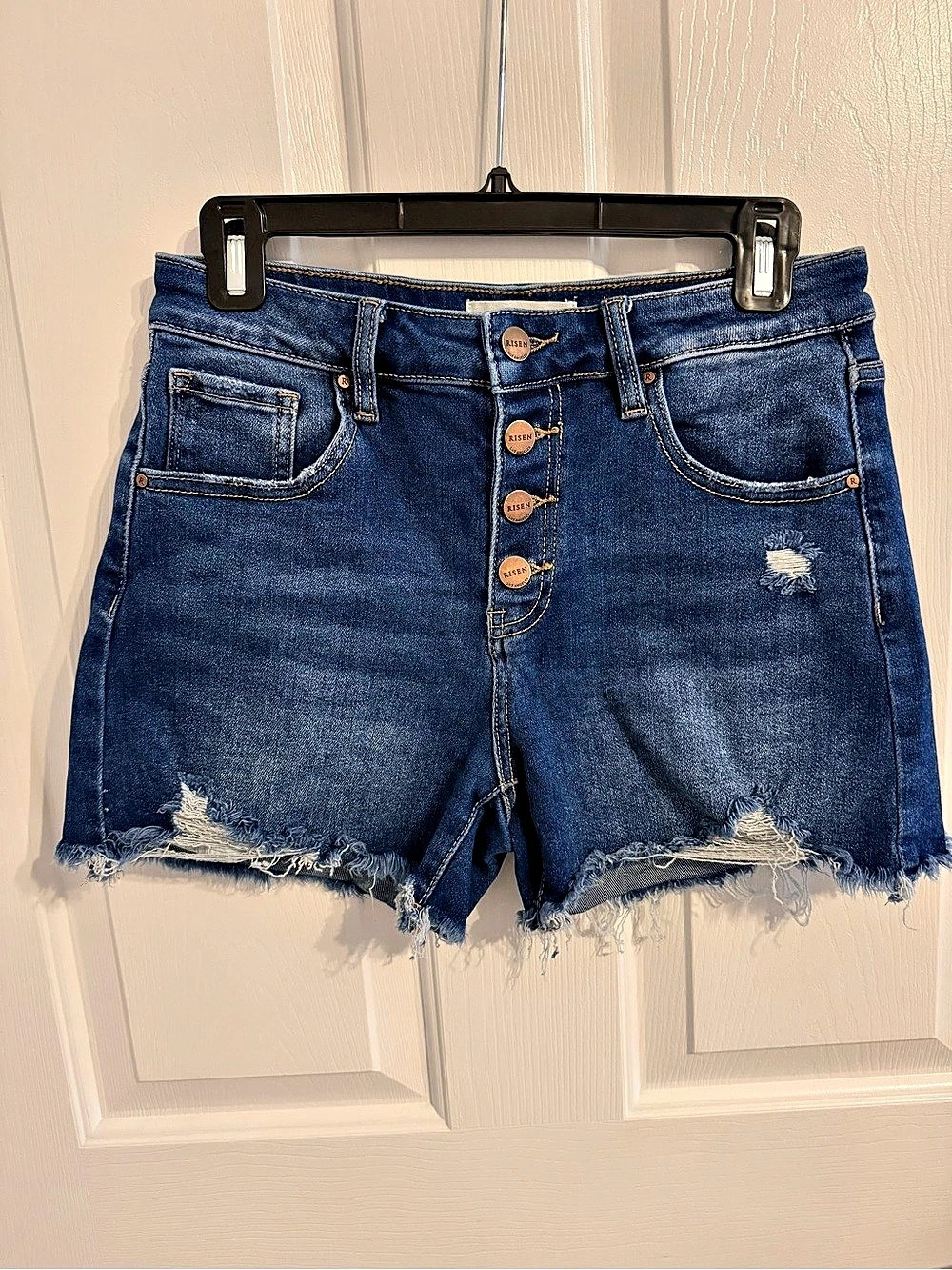 Risen High Rise Distressed Button Fly Raw Hem Denim Shorts Distressed Denim Jean
